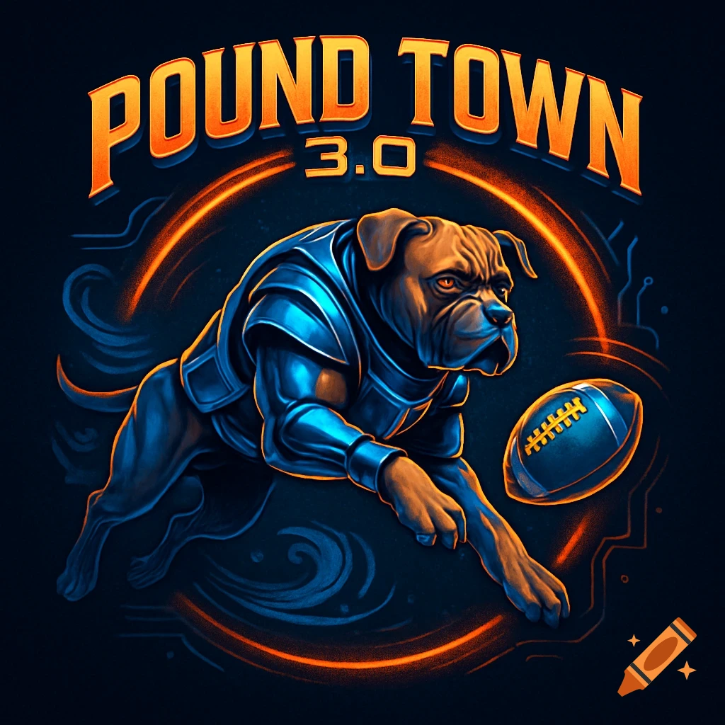 A stylized logo featuring an armored bulldog chasing a football, with the text "POUND TOWN 3.0" above it.