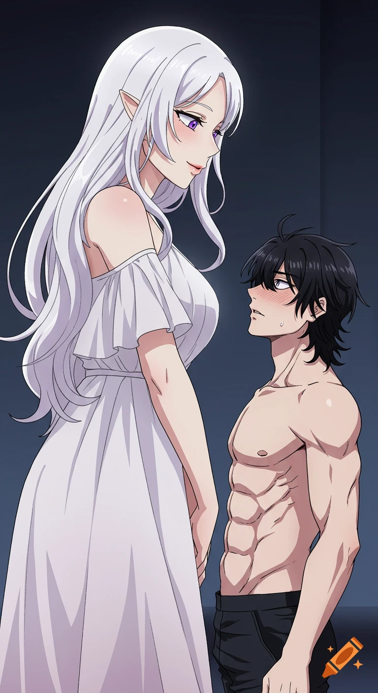 A tall, white-haired elf woman in a white dress smiles seductively at her shirtless, muscular, black-haired boyfriend in an anime style.