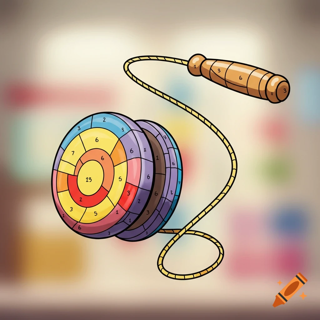 A colorful, numbered yo-yo in an illustrative style, designed as a color-by-number game.