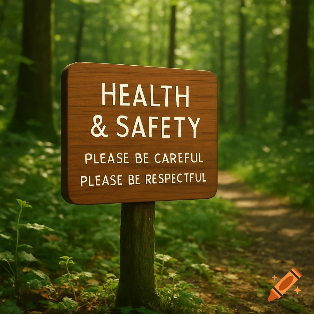 A wooden sign in a lush green forest reads "HEALTH & SAFETY PLEASE BE CAREFUL PLEASE BE RESPECTFUL".