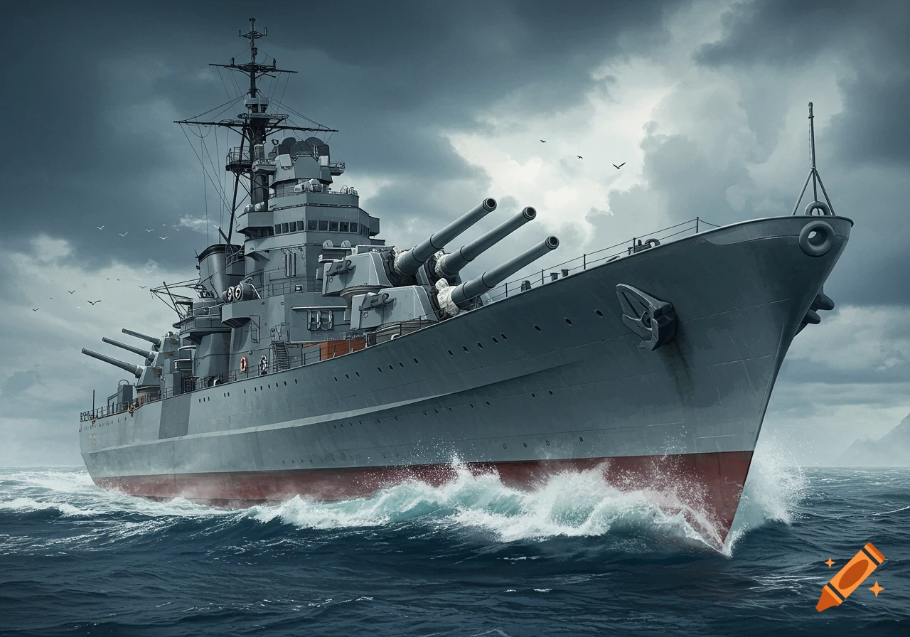 A detailed illustration of a large grey battleship with multiple cannons sailing through choppy dark blue water under a cloudy sky.