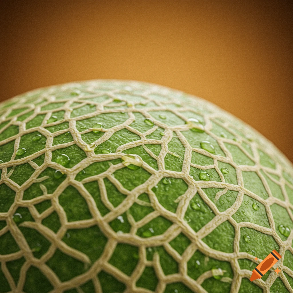 Close-up photorealistic shot of a green melon rind covered in water droplets against a warm, blurred background.