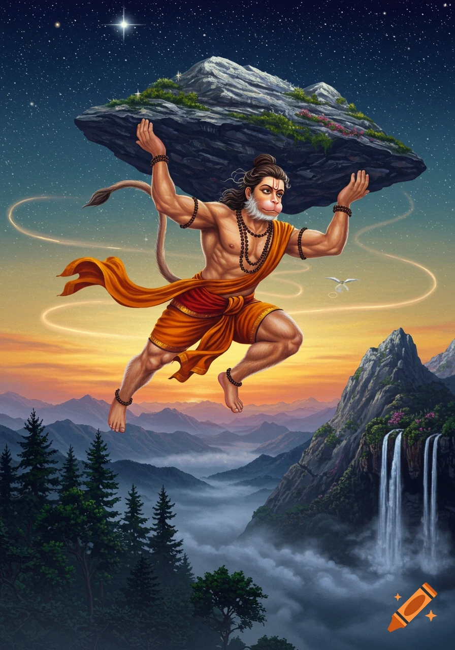 Mystical illustration of Lord Hanuman flying through a star-filled sky with a mountain in hand, over a mountainous landscape at dawn.