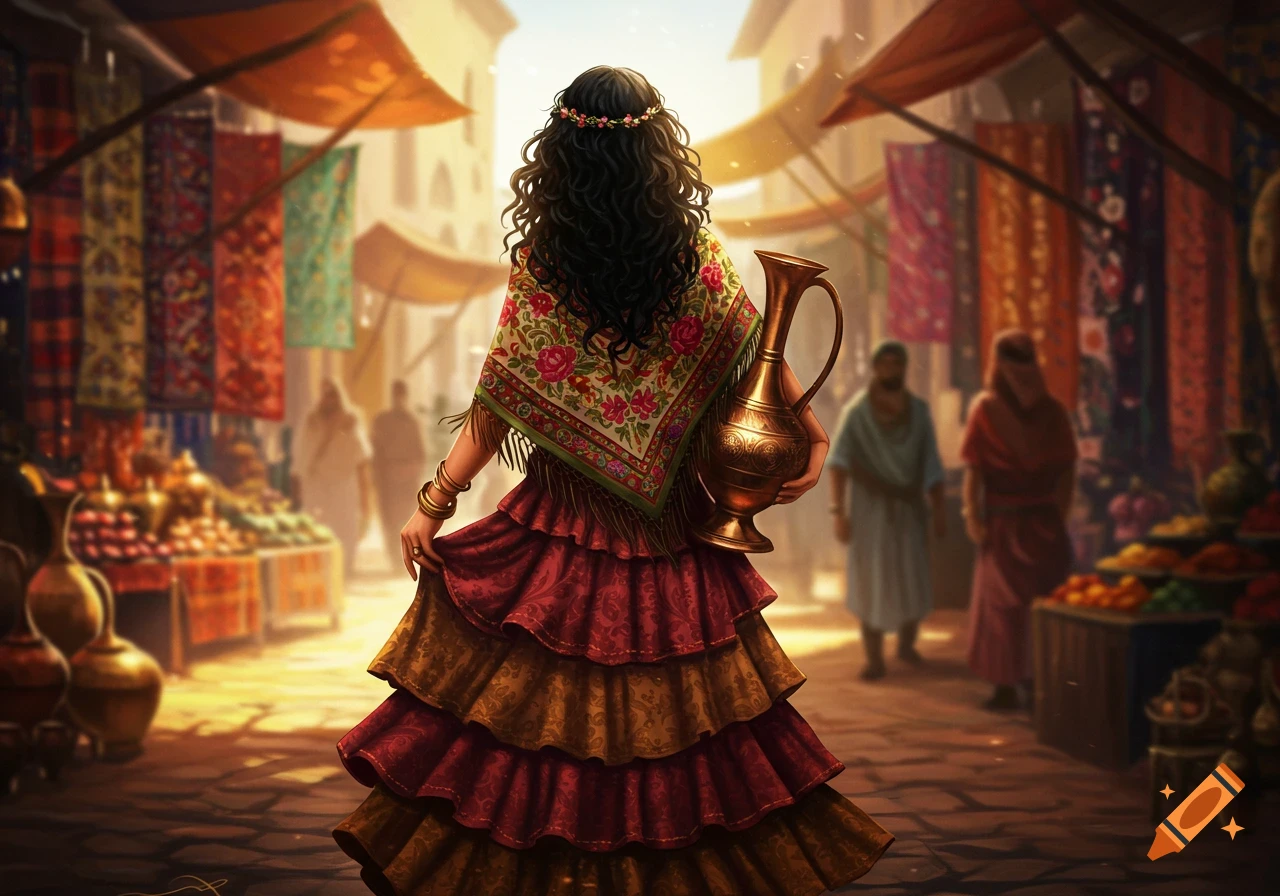 Woman in a vibrant floral shawl and layered skirt holds a brass vase, walking through a sunny, bustling market street.