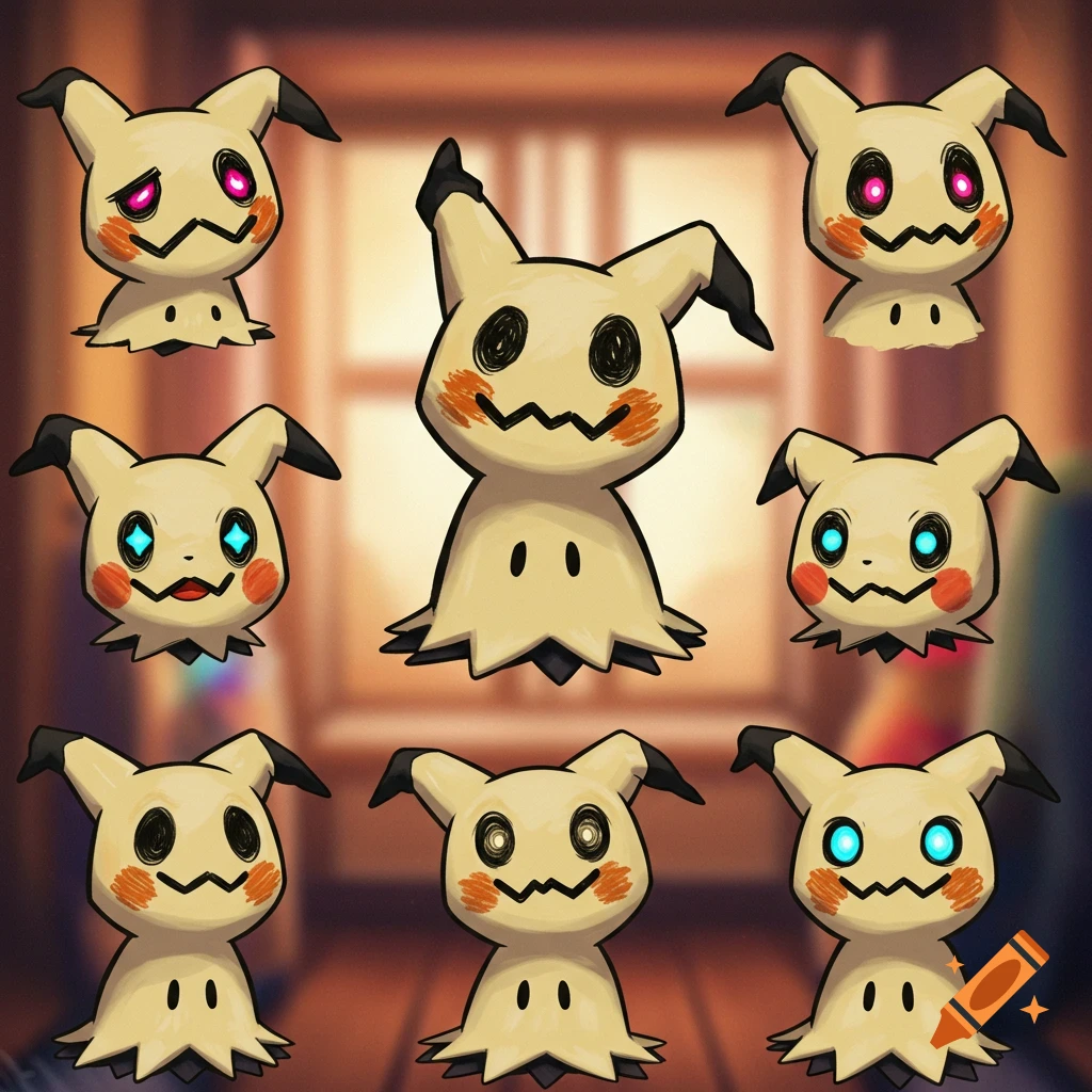 Eight cartoon Mimikyu Pokemon characters with different expressions and eye colors, arranged in a grid against a blurred indoor background.