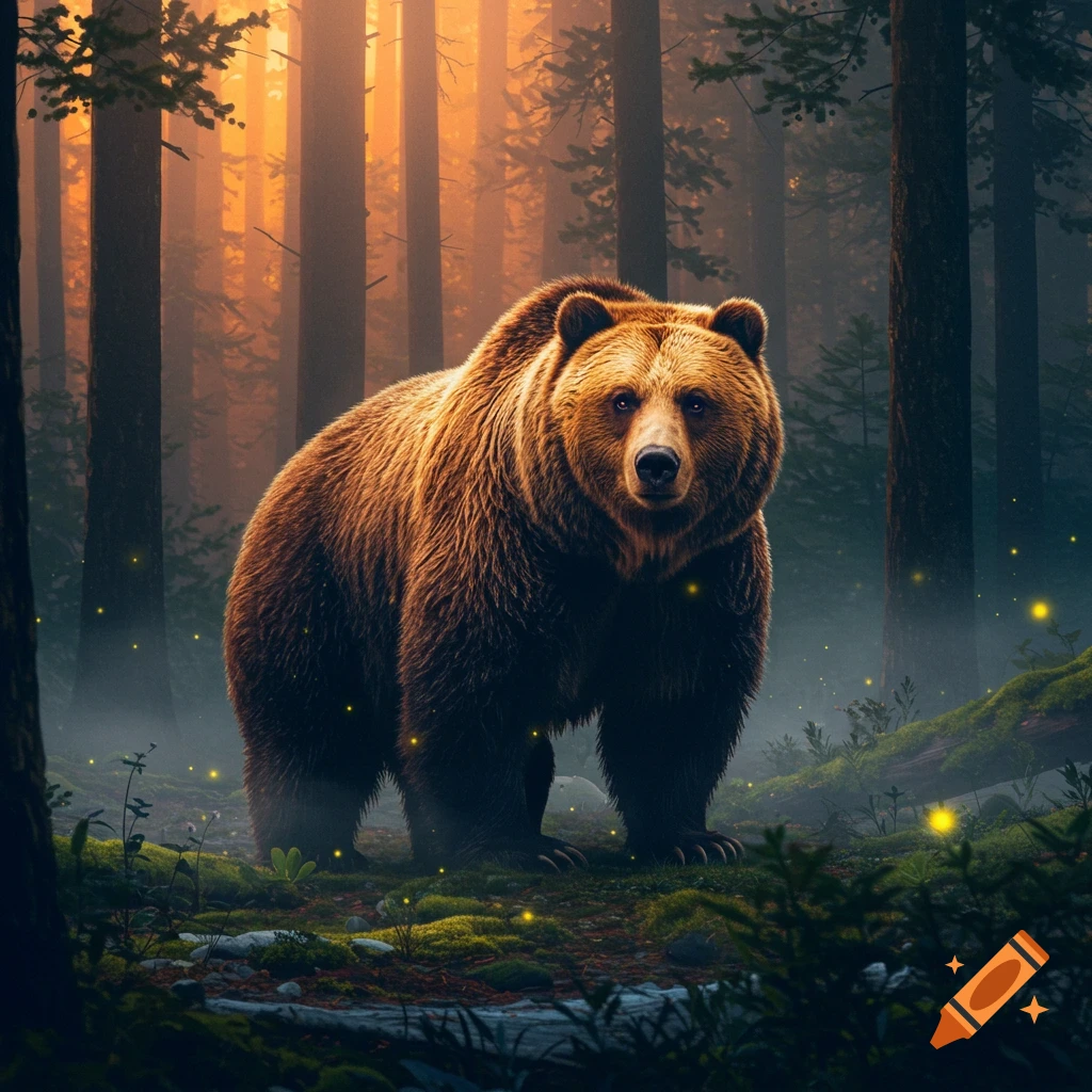 A large brown bear stands in a misty forest with glowing lights, illuminated by a warm sunset.