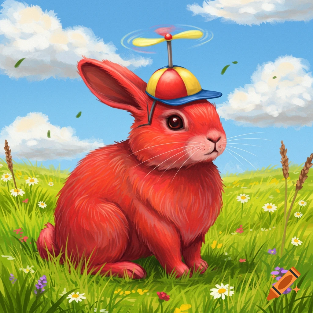 A cute red bunny wearing a propeller hat sits in a sunny green field with white and purple flowers under a blue sky.