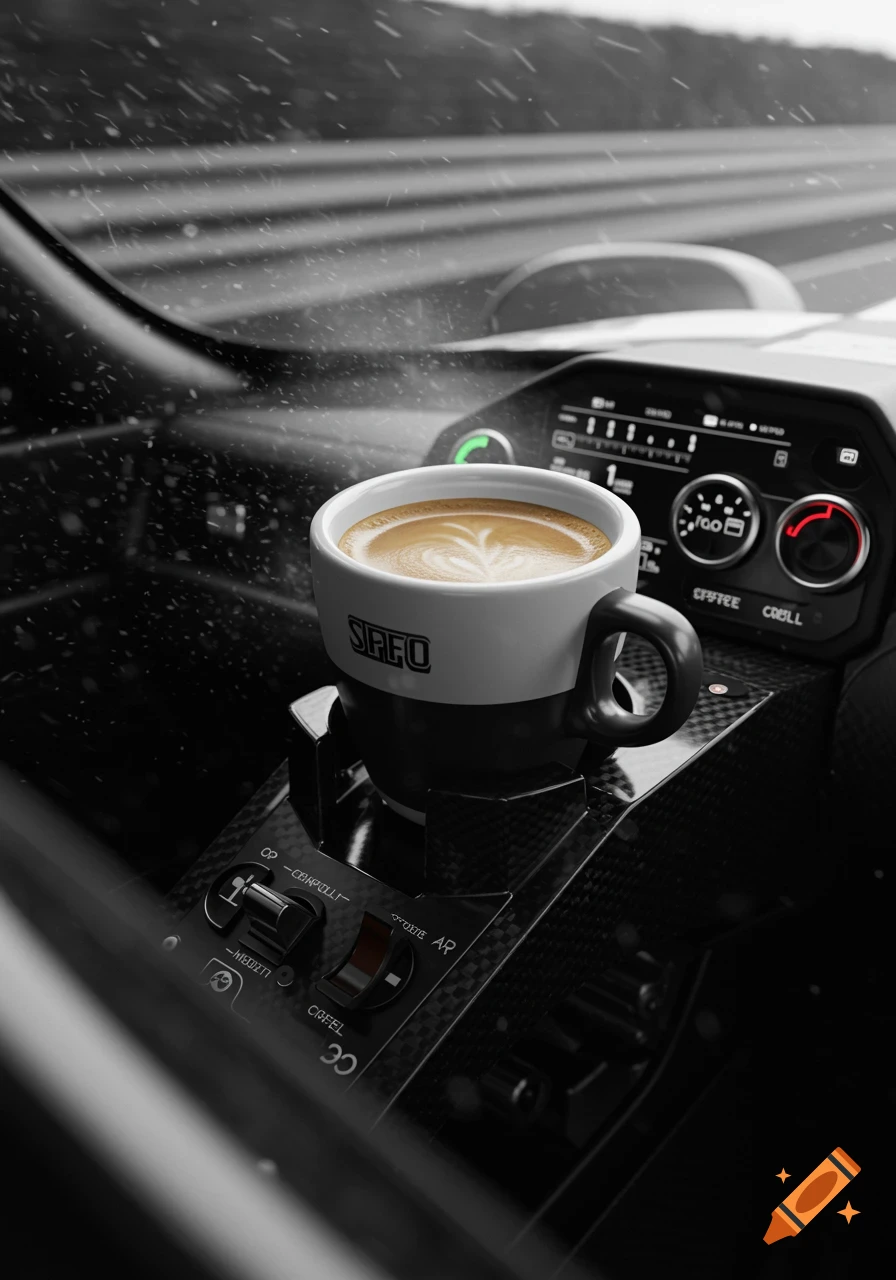 A close-up, high-angle shot of a coffee cup with latte art, set in a cup holder inside the cockpit of a racing car. The car interior is black and white with carbon fiber textures, and the dashboard with digital readouts is visible behind the cup. Small white flecks appear in the air, possibly snow or rain.
