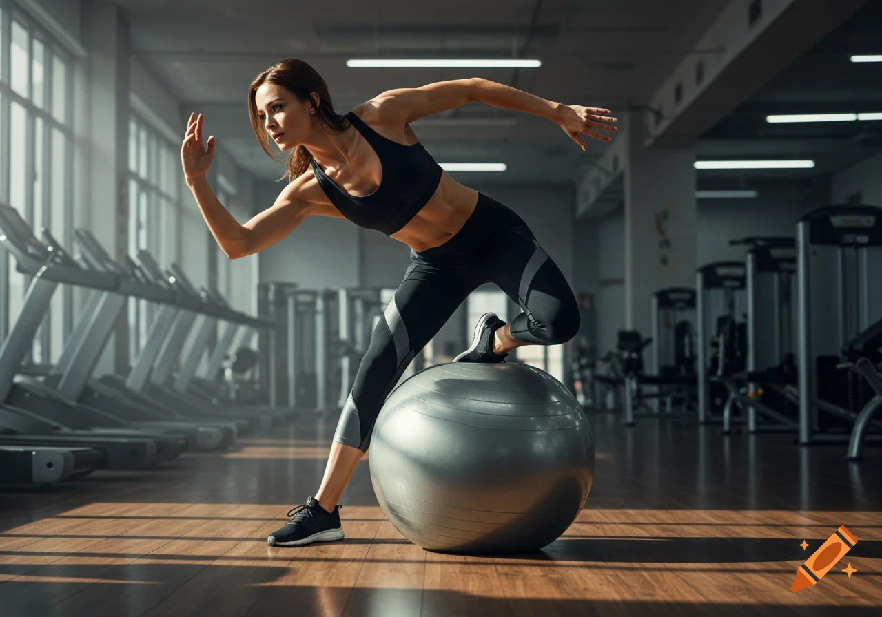 A woman balances on an exercise ball in a gym, arms outstretched as if running.