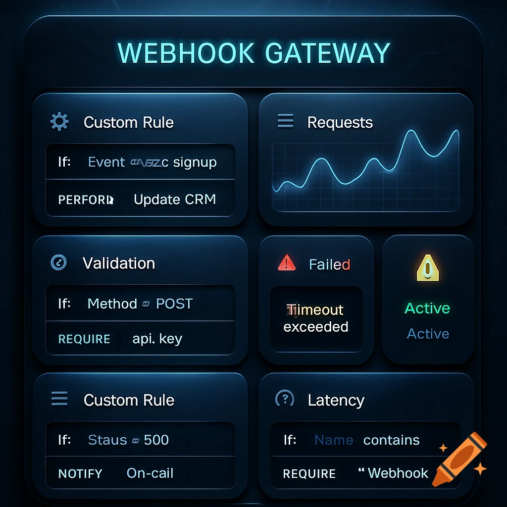 A dark, glowing dashboard for a webhook gateway displaying various data panels and rules.