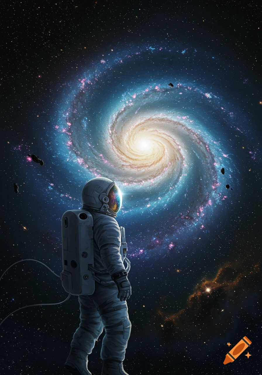 An astronaut floats in space, gazing at a vibrant spiral galaxy.