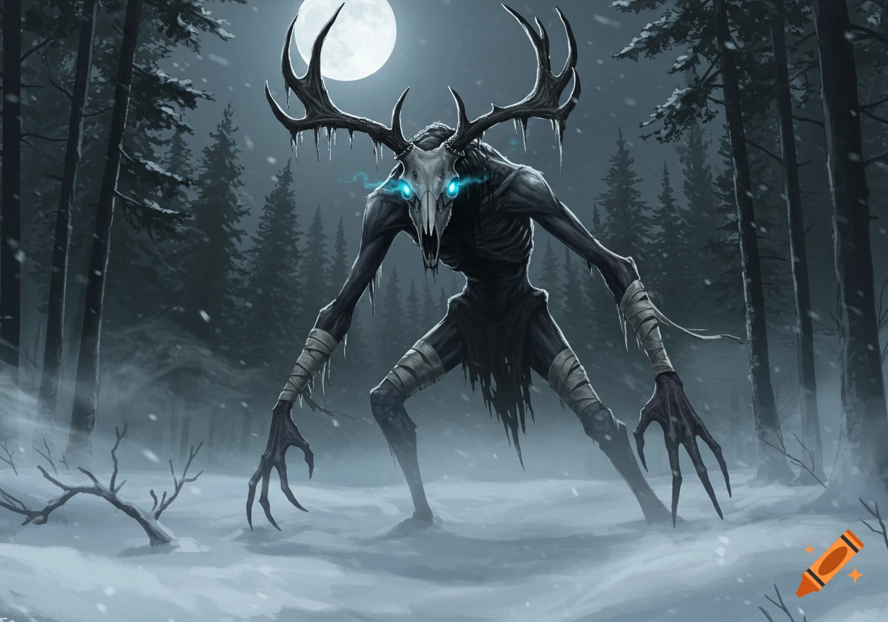 A skeletal monster with large antlers and glowing blue eyes stands in a snowy forest under a full moon.