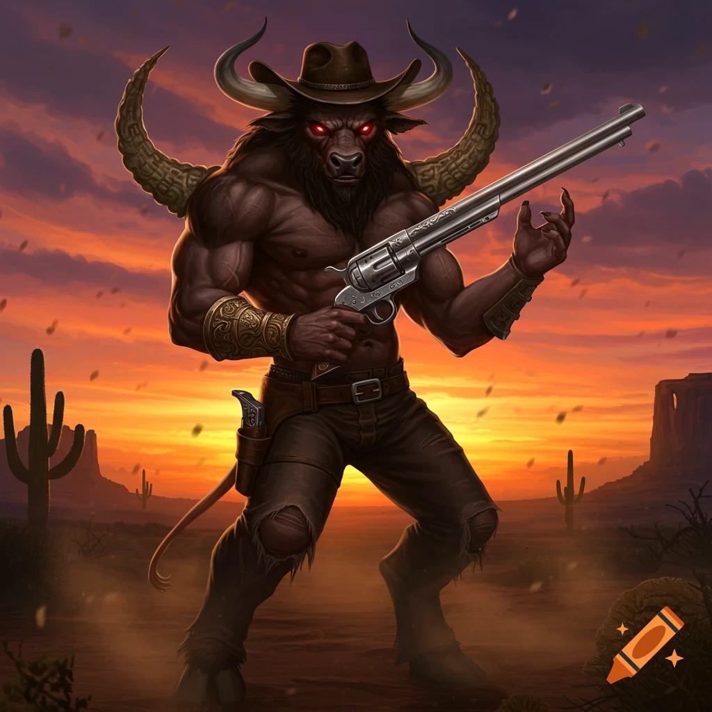 Muscular minotaur cowboy with red eyes holds a revolver in a dramatic desert sunset.