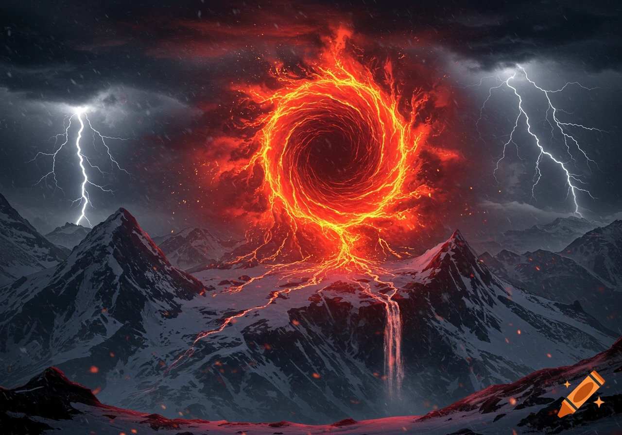 A fiery red and orange swirling portal opens above snow-covered mountains, with lava flowing down and lightning striking in a dark, stormy sky.