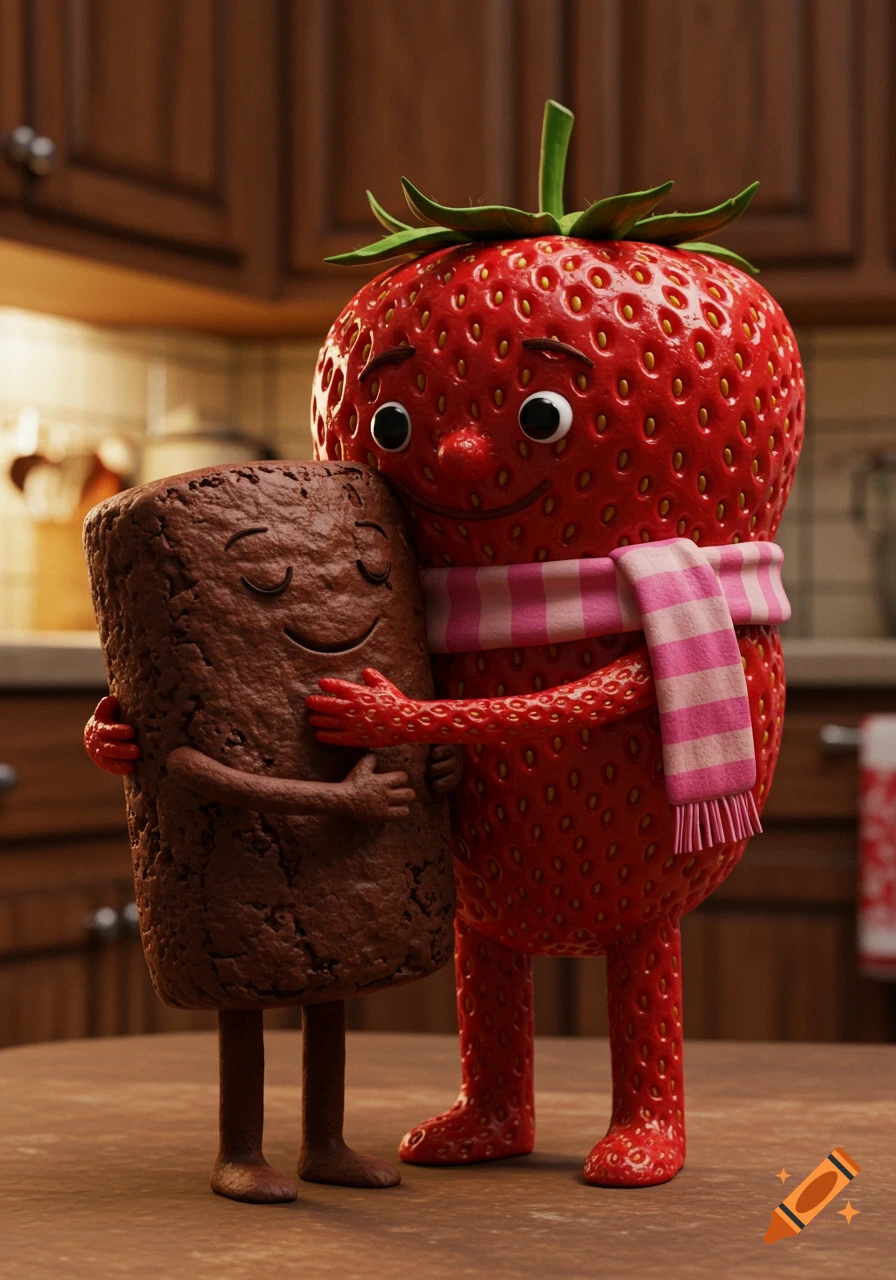 A tall anthropomorphic strawberry wearing a pink striped scarf hugs a shorter anthropomorphic brownie in a kitchen setting, 3D render.