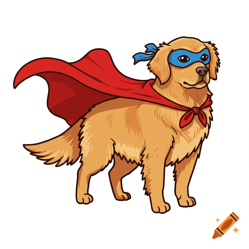 A golden retriever dog wearing a red cape and blue superhero mask stands in a heroic pose, drawn in a vibrant vector cartoon style on a white background.