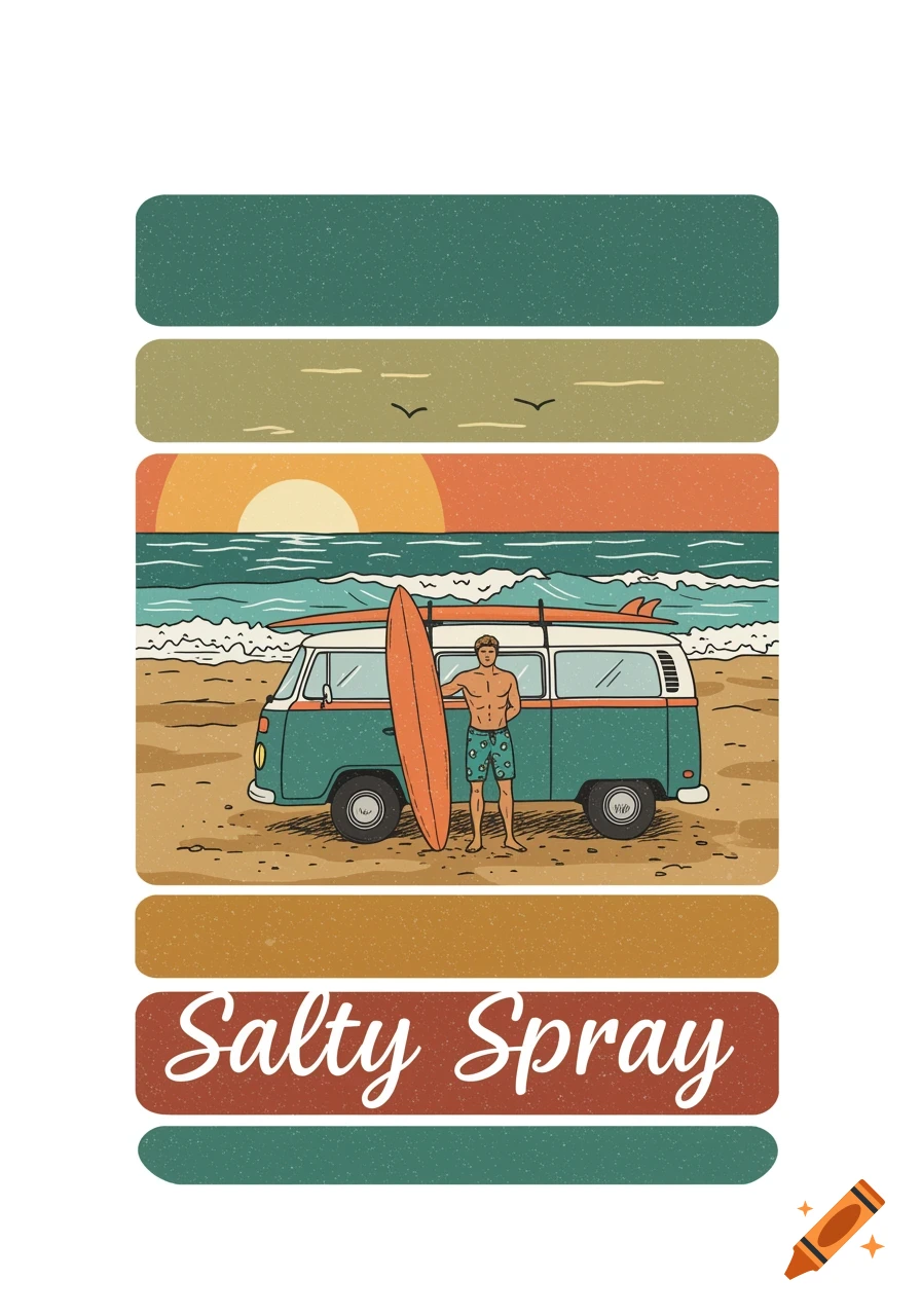 A hand-drawn illustration featuring a muscular surfer holding a board next to a teal campervan on a sandy beach at sunset, with the text 'Salty Spray' below.