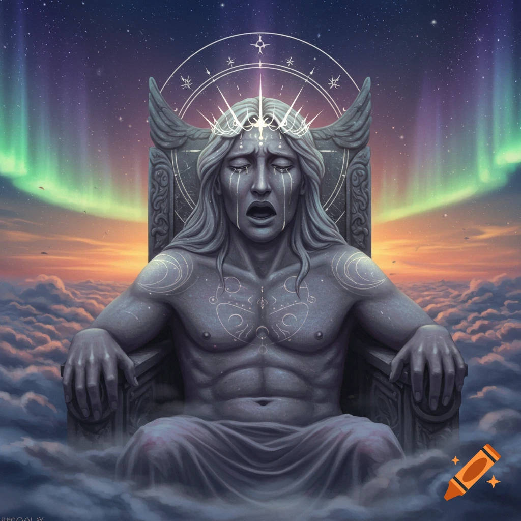A gray-skinned deity on a throne, crying with a pained expression, surrounded by clouds and a vibrant starry sky with aurora.