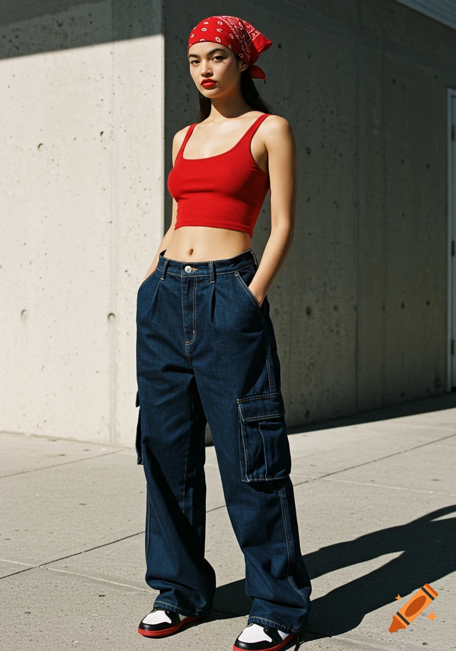 A stylish young woman in a red crop top, dark denim cargo pants, and a red bandana stands against a concrete wall.