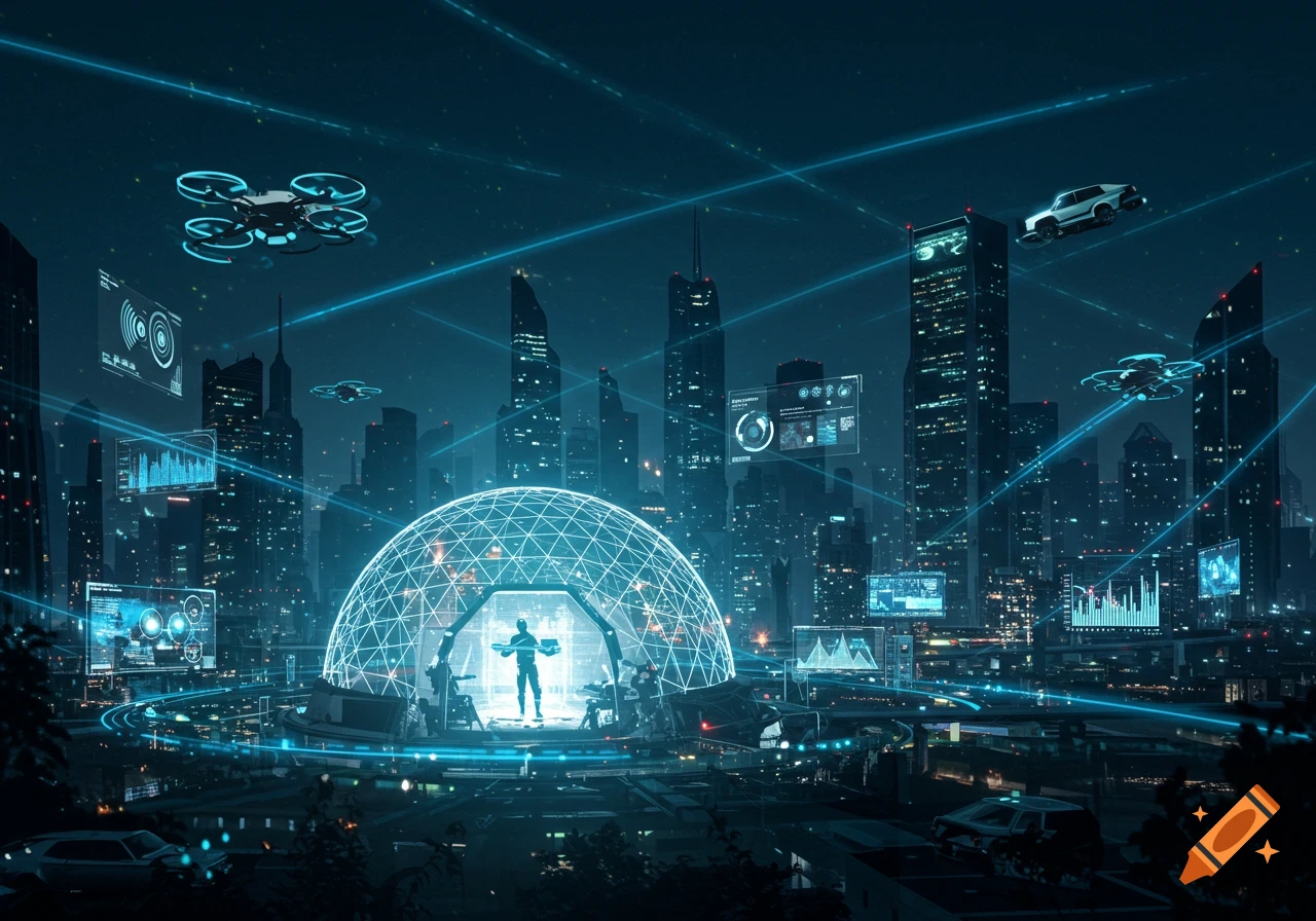 A high-tech futuristic city at night, with glowing blue data lines, drones, a flying car, and a central domed structure.