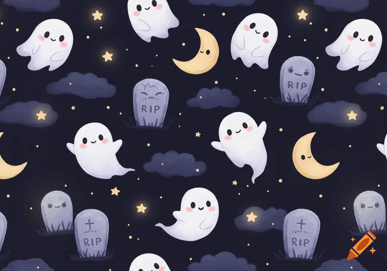 A seamless cute Halloween pattern with smiling ghosts, tombstones, crescent moons, and stars on a dark night sky.