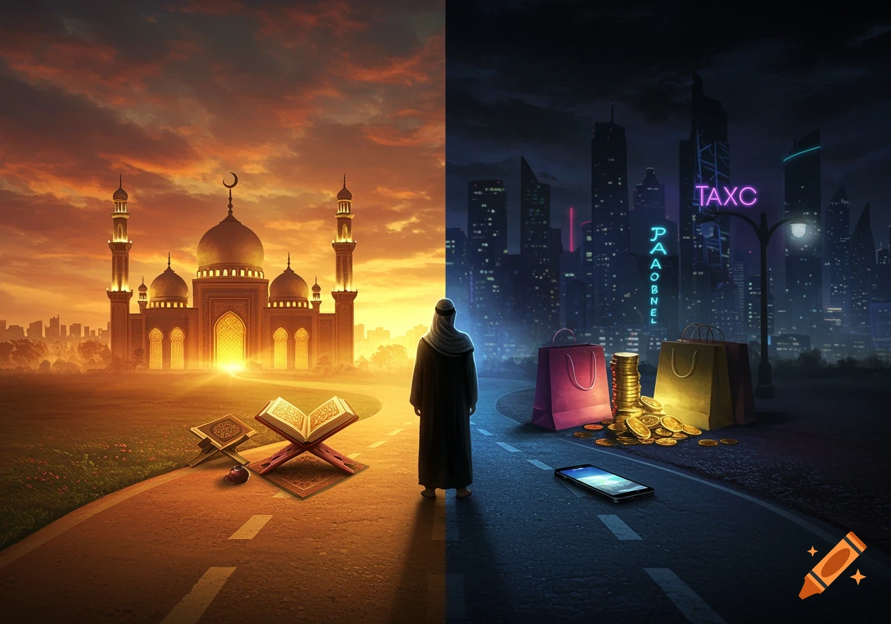 A person stands at a crossroads, one side showing a golden mosque at sunset, the other a dark cityscape with neon signs, shopping bags, and gold coins.