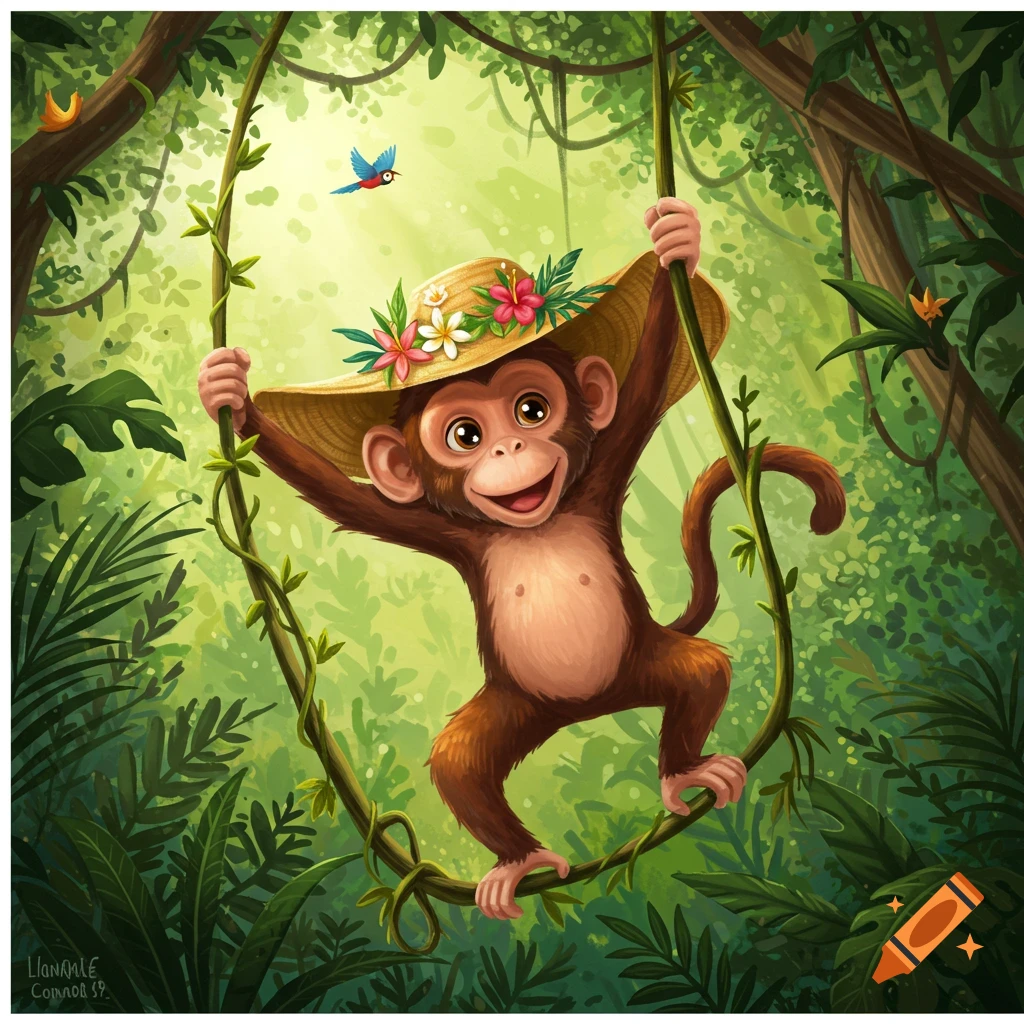 A cheerful cartoon monkey wearing a straw hat with flowers swings on a vine in a lush green jungle.