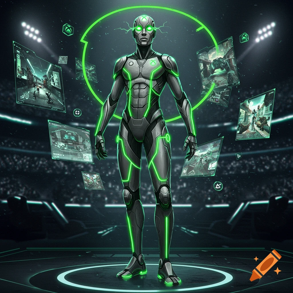 A sleek gray robot with glowing green lines and Xbox logos stands in a futuristic arena surrounded by floating game screens.