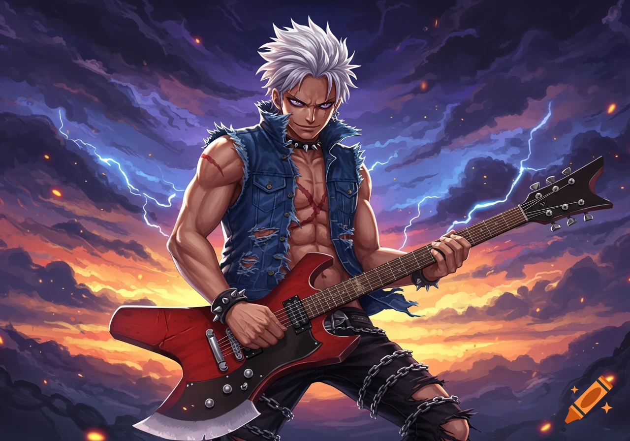 Anime illustration of a white-haired man in a ripped denim vest playing a red battle axe electric guitar against a stormy, lightning sky.