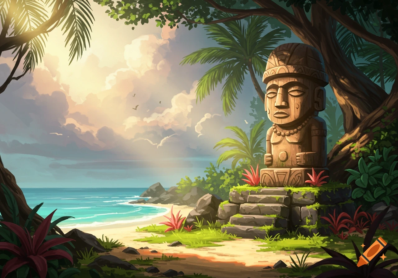 A stylized wooden statue on a sunny tropical beach, with palm trees, lush plants, and the ocean visible in the background.