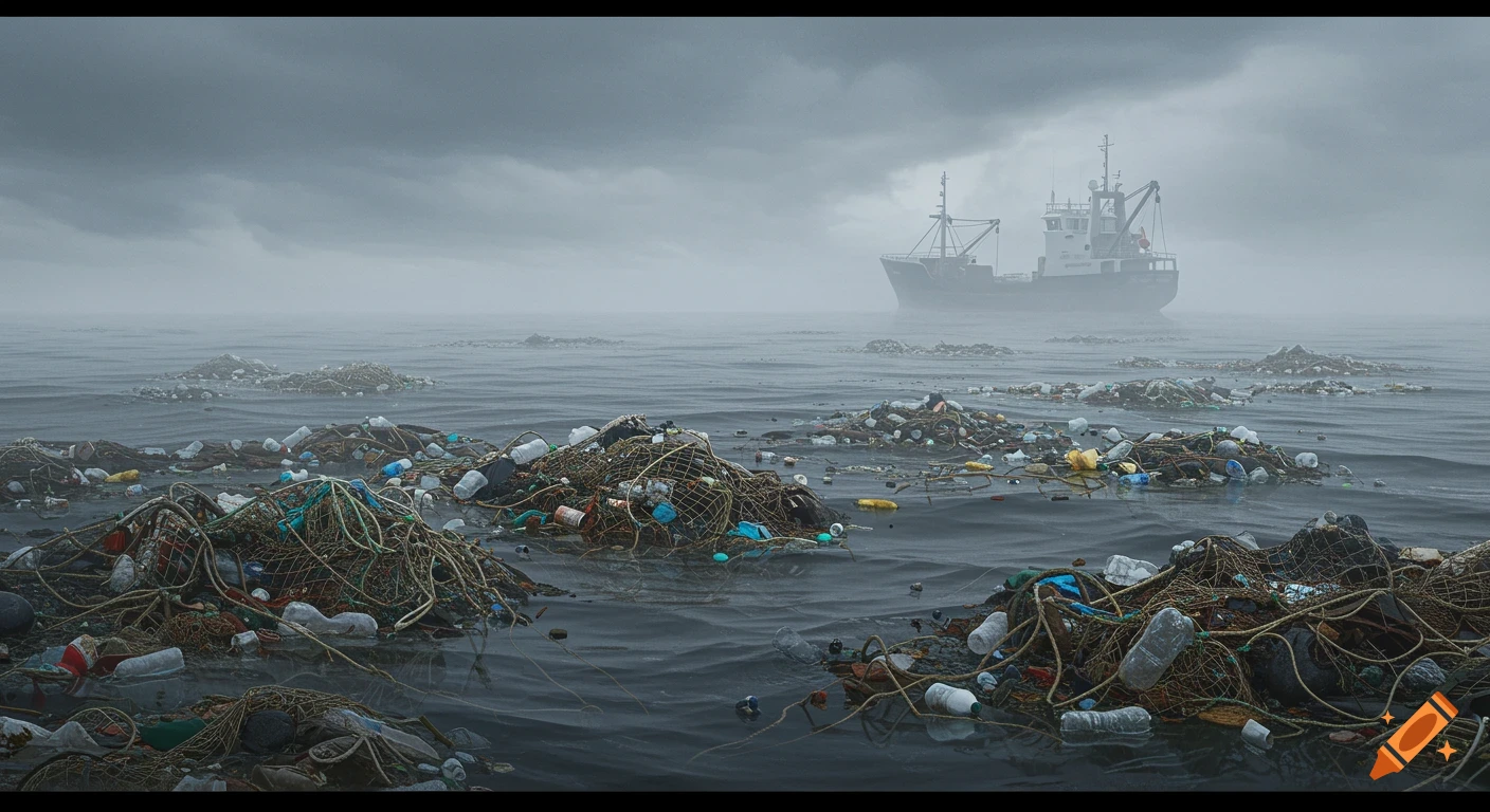 A vast, gray ocean heavily polluted with fishing nets, plastic bottles, and debris, with a large industrial fishing trawler in the foggy distance.