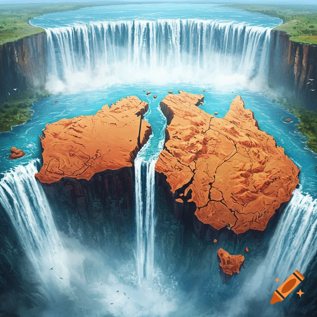 A cracked, orange continent resembling Australia floats on blue water toward the edge of a massive, surrounding waterfall.