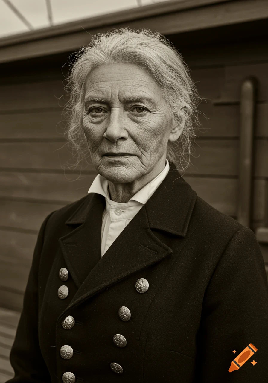 A sepia-toned portrait of an older woman with grey hair, wearing a black historical uniform coat with ornate buttons and a white shirt.