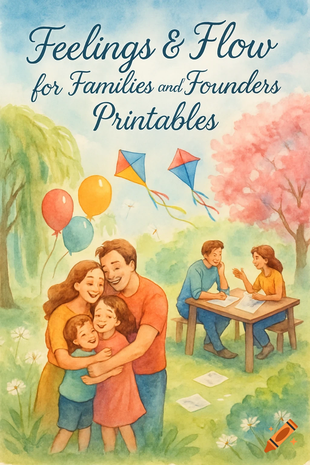 Whimsical watercolor illustration of a family hugging in a park, with another couple talking at a table, under text.