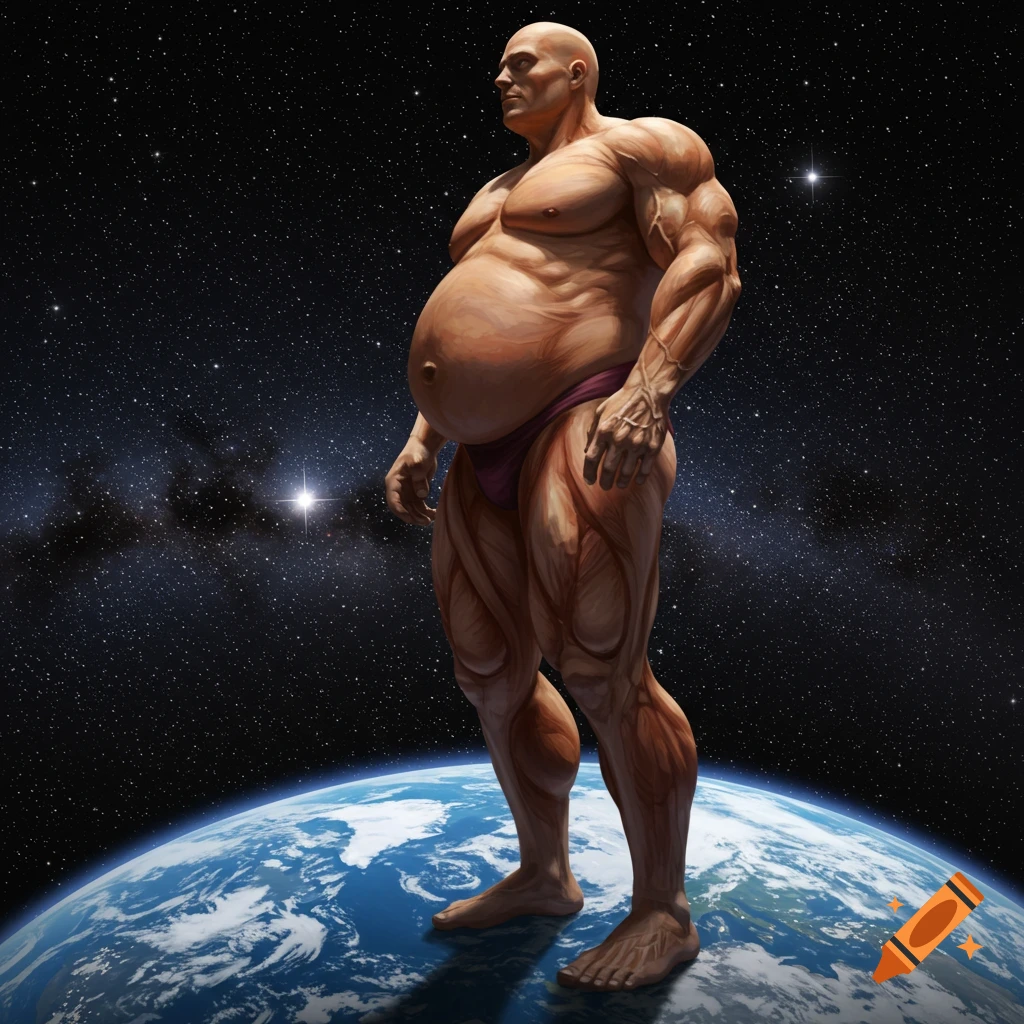 A giant, muscular man with a large belly, wearing a swimsuit, stands on Earth in outer space.