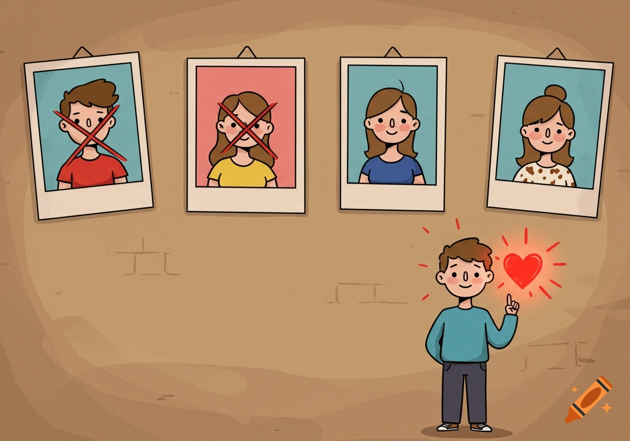 A cartoon boy points at a photo of a couple in a glowing red heart, while three other photos with 'X's hang on a wall.