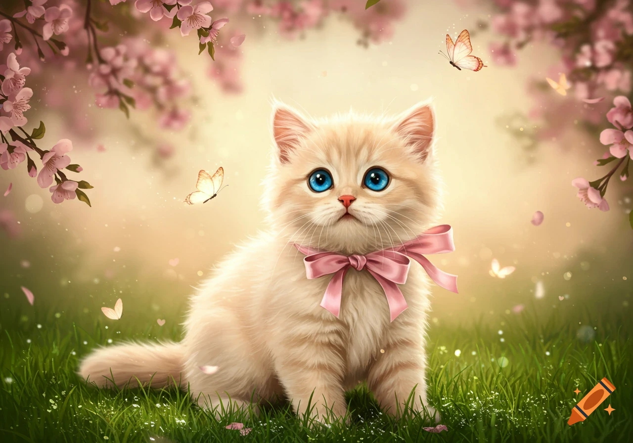 A fluffy kitten with big blue eyes and a pink bow sits in green grass with cherry blossoms and butterflies.