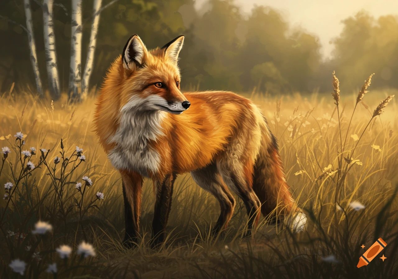 A digital painting of an orange and white fox standing in a field of tall golden grass with white flowers and birch trees.