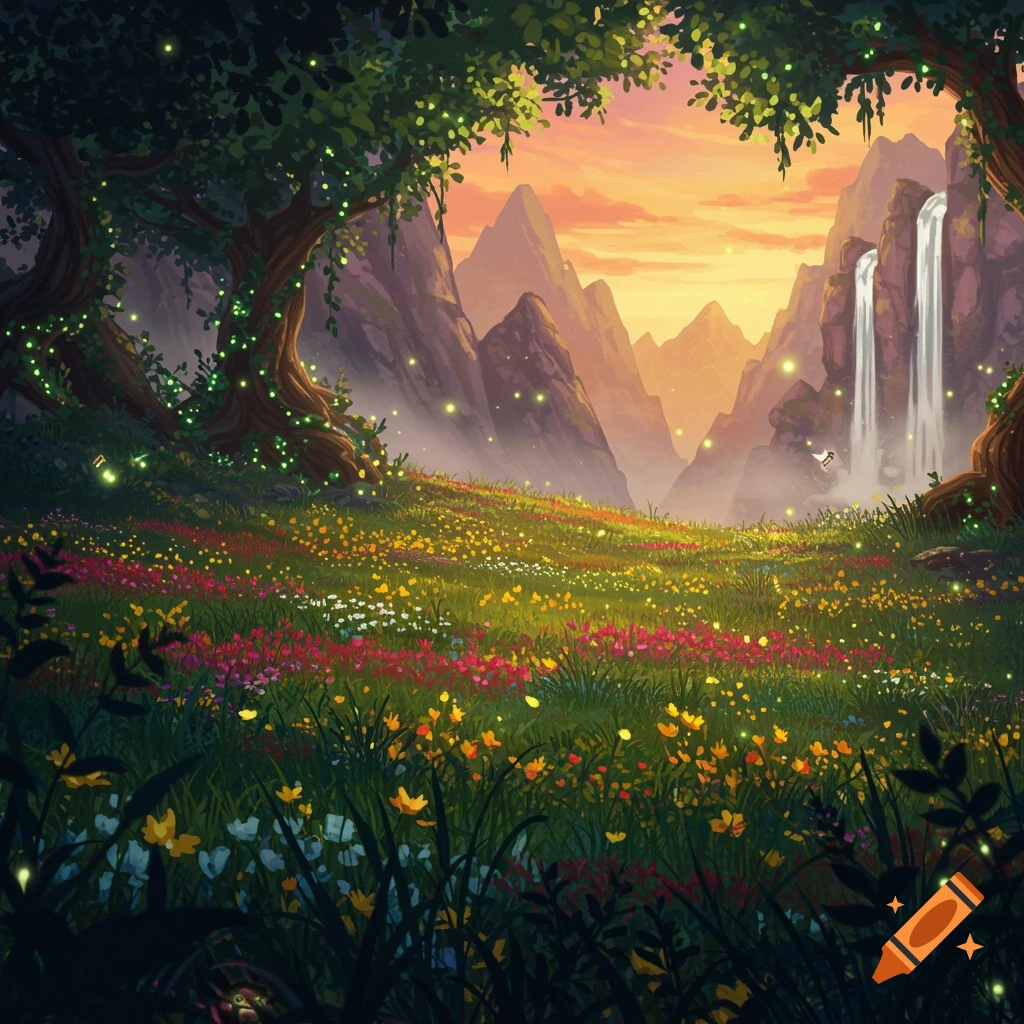 A vibrant fantasy landscape with glowing trees, a meadow of colorful wildflowers, distant mountains, and waterfalls under a golden sky.