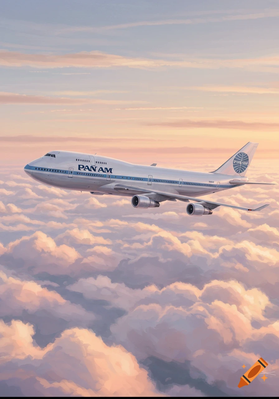 A white Pan Am Boeing 747 flies above pink and purple clouds in a painterly style at sunset.