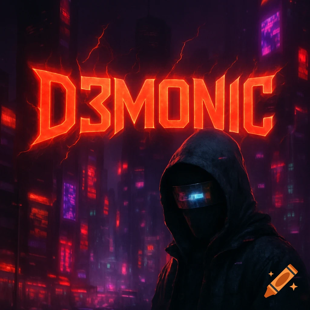 A hooded figure in a dark cyberpunk city under glowing red 'D3MONIC' text and neon lights.