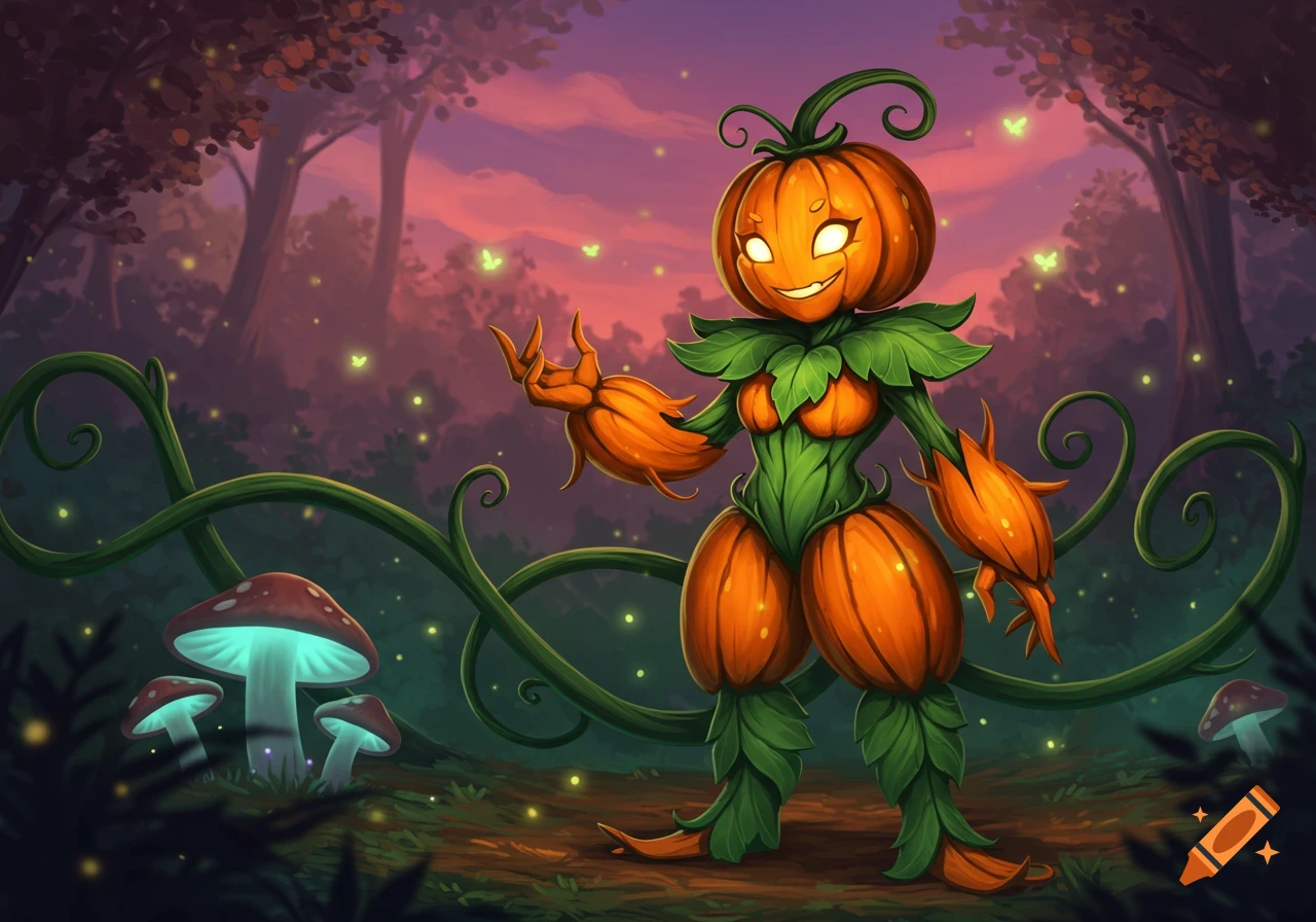 A cartoon fantasy pumpkin plant humanoid with glowing eyes and leafy attire stands in a magical forest with glowing mushrooms.