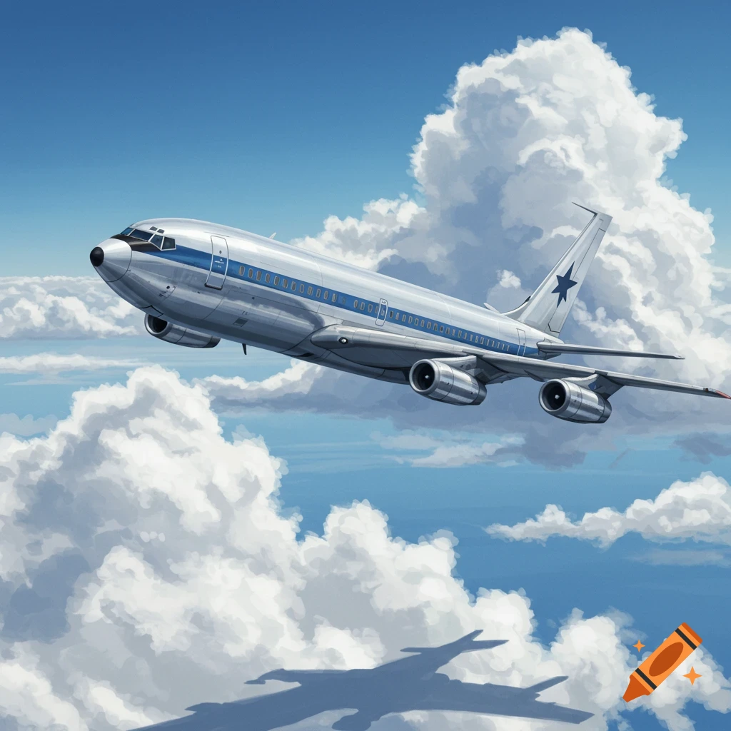 A silver Boeing 707-120 airplane flies through a blue sky surrounded by fluffy white clouds, with its shadow below.