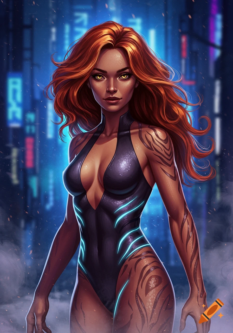 A digital painting of an X-Men style character with red hair, golden eyes, and tiger-like markings, wearing a black futuristic suit in a neon city.