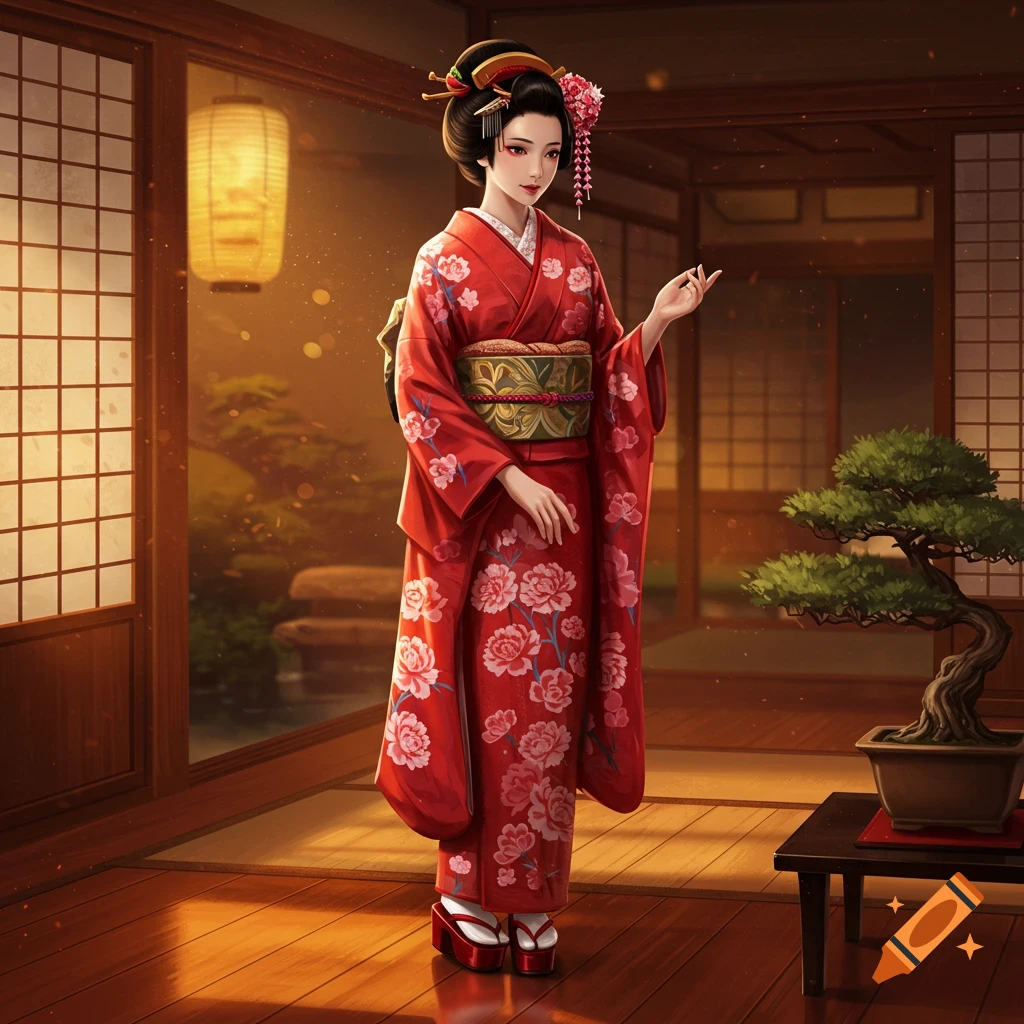 A woman in a red kimono with pink flowers stands in a traditional Japanese room with a lantern and bonsai tree.
