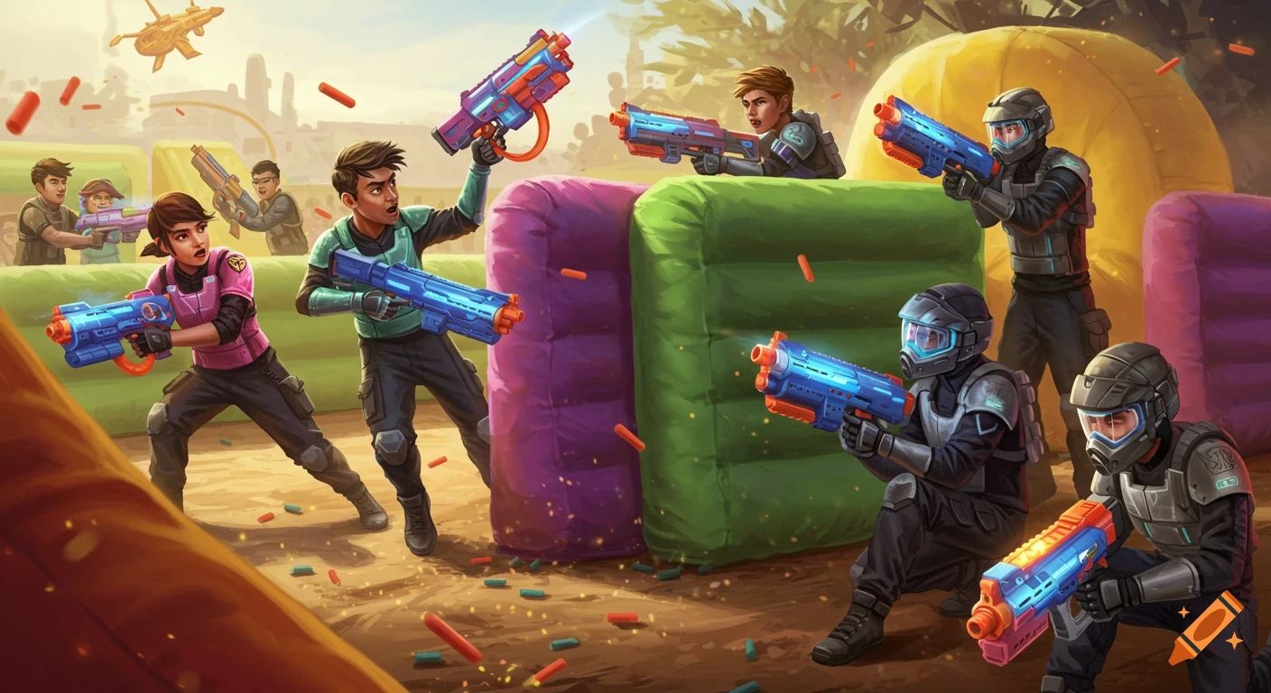 An energetic illustration of a Nerf war with multiple young players holding toy blasters amidst colorful inflatable obstacles and flying foam darts.