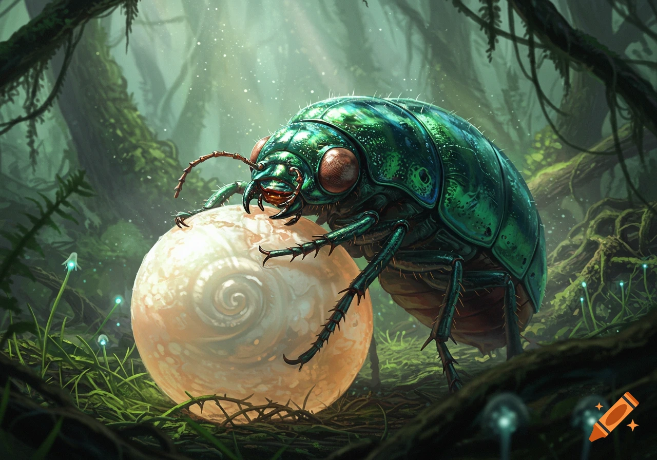 A large, iridescent green beetle guards a glowing, spiral-patterned egg in a misty, luminous forest. Fantasy art style.