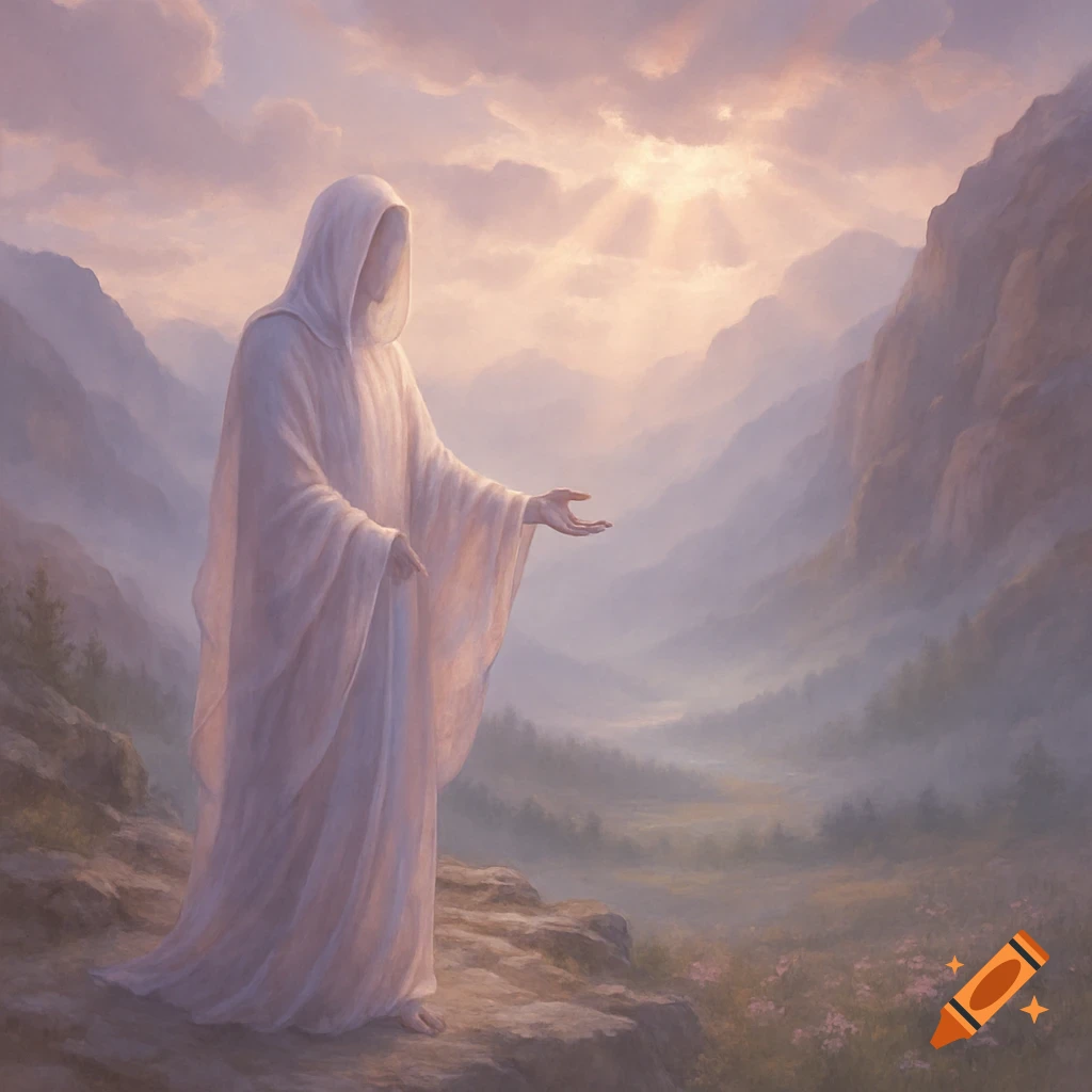 A robed figure with outstretched hand stands on a rocky path overlooking a misty mountain valley bathed in sunlight.