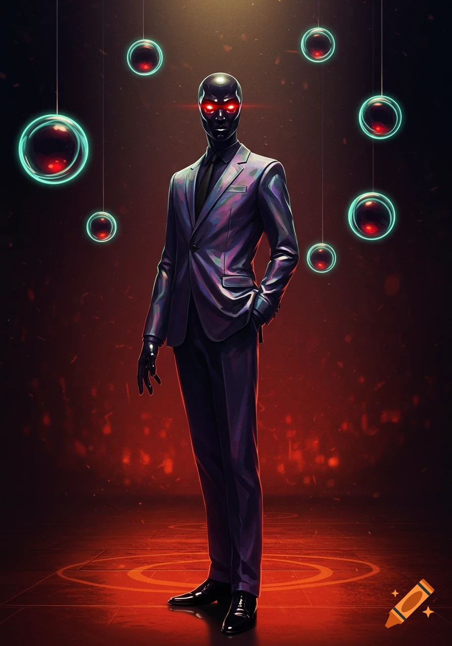 A dark, sleek figure in a suit with glowing red eyes stands surrounded by floating green-rimmed red orbs in a dark, fiery red environment.