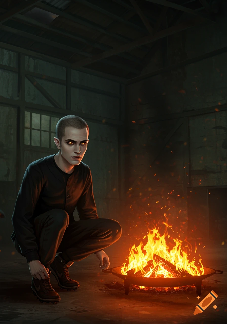 A young man with glowing gold eyes and a buzz cut, dressed in black, squats by a fire pit in a dark, abandoned warehouse.
